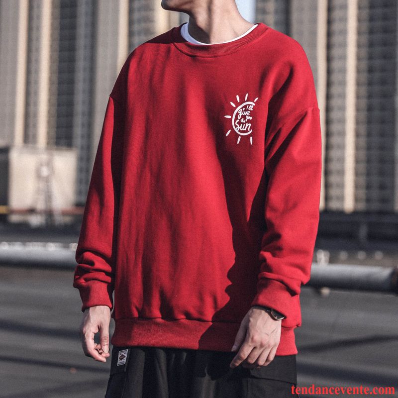 Sweat À Capuche Homme Rétro Une Veste Jeunesse Col Rond Baggy L'automne Rouge