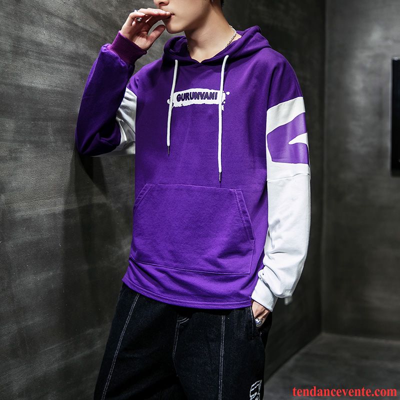 Sweat À Capuche Homme Étudiant Baggy Décontractée Hoodies Tendance Printemps Impression Couleur De Contraste Violet