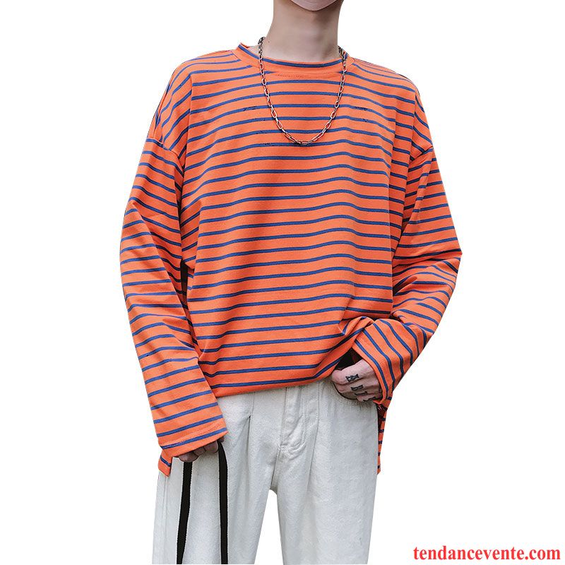 T Shirt De Marque Pas Cher T-shirt Baggy L'automne Tendance Orange Décontractée Homme Col Rond Une Veste Rayé Longues Noir