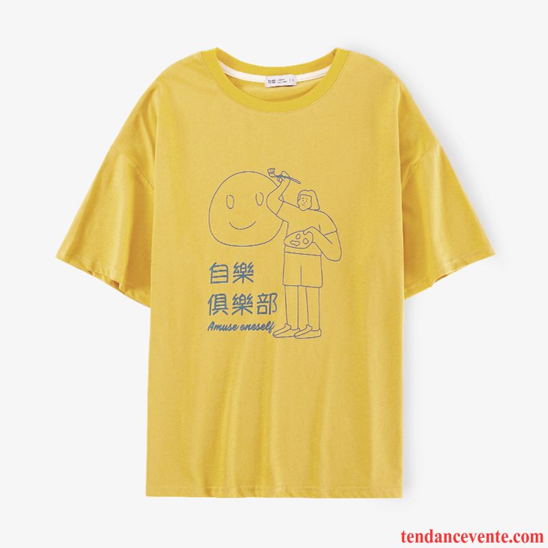 T-shirts Femme Baggy Été Fille Courte Étudiant Une Veste Impression Jaune