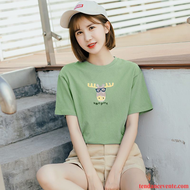 T-shirts Femme Coton Bio Courte Étudiant Été Demi Manche Une Veste Vert