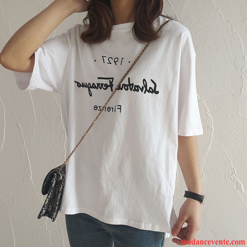 T-shirts Femme Coton Bio Printemps Tous Les Assortis Courte Désign Baggy Impression Blanc