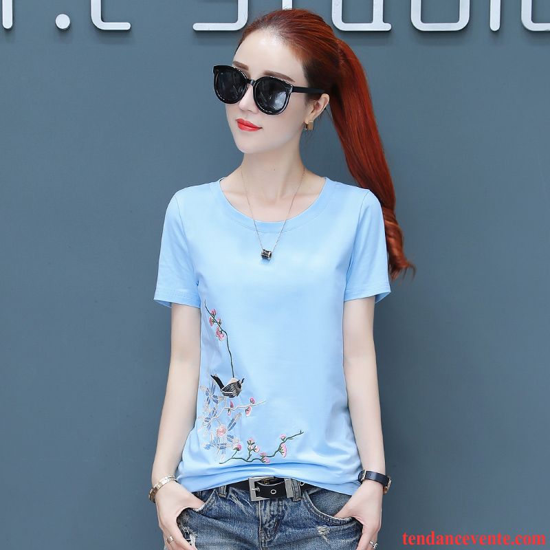 T-shirts Femme Courte Mince Slim Mode Coton Bio Chemise En Bas Bleu