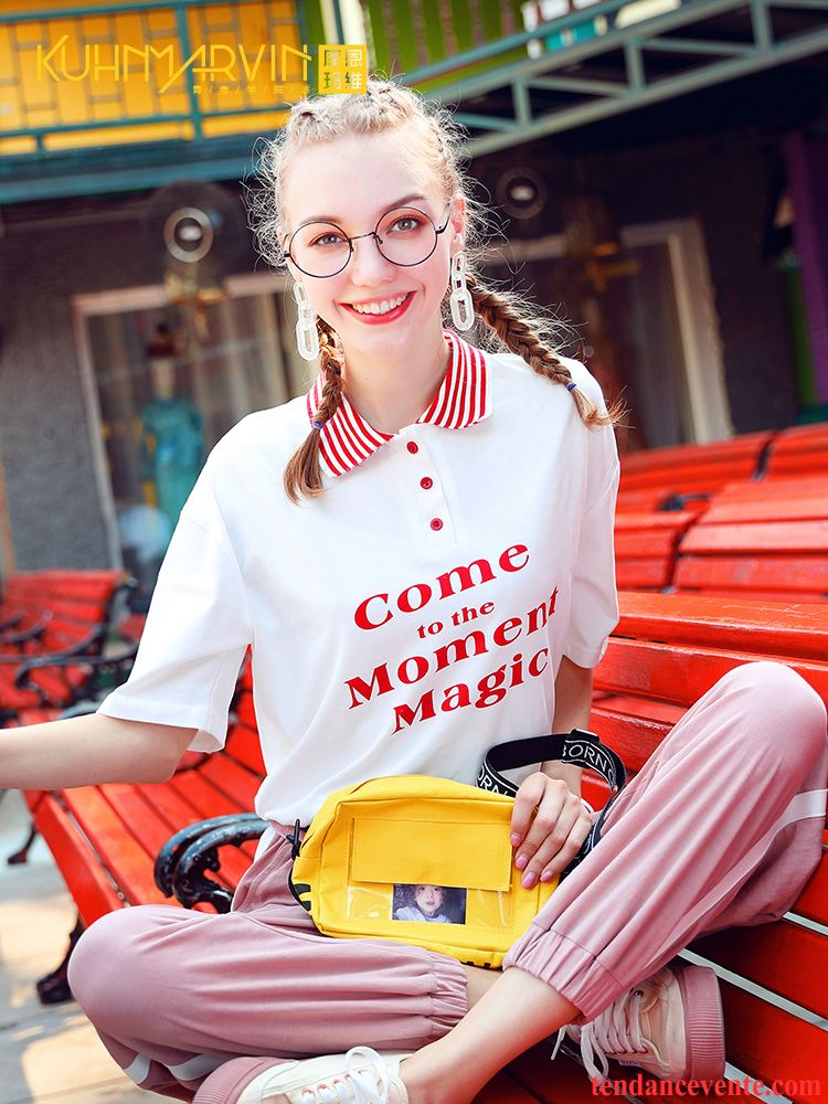 T-shirts Femme Courte Une Veste Rétro Revers Roulé Demi Manche Étudiant