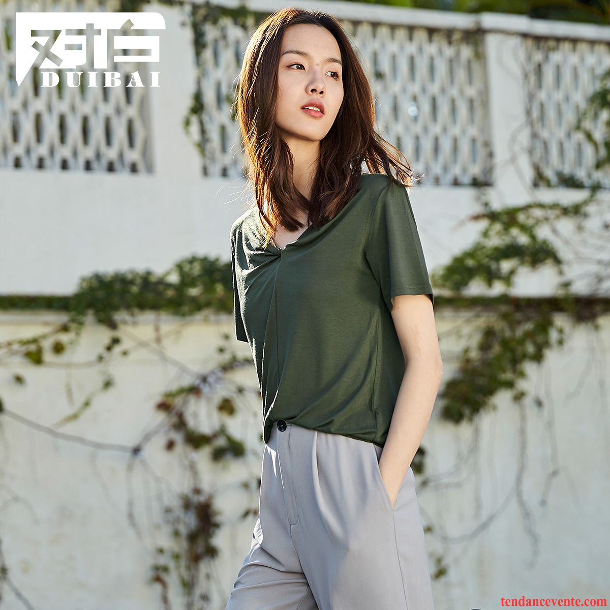 T-shirts Femme Désign Baggy Drape Courte Été Personnalité Pure Blanc Vert