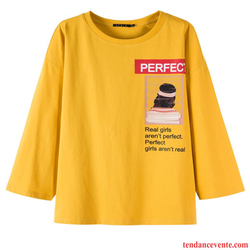 T-shirts Femme Longues Tendance Une Veste Printemps Pullovers Col Rond Impression Jaune