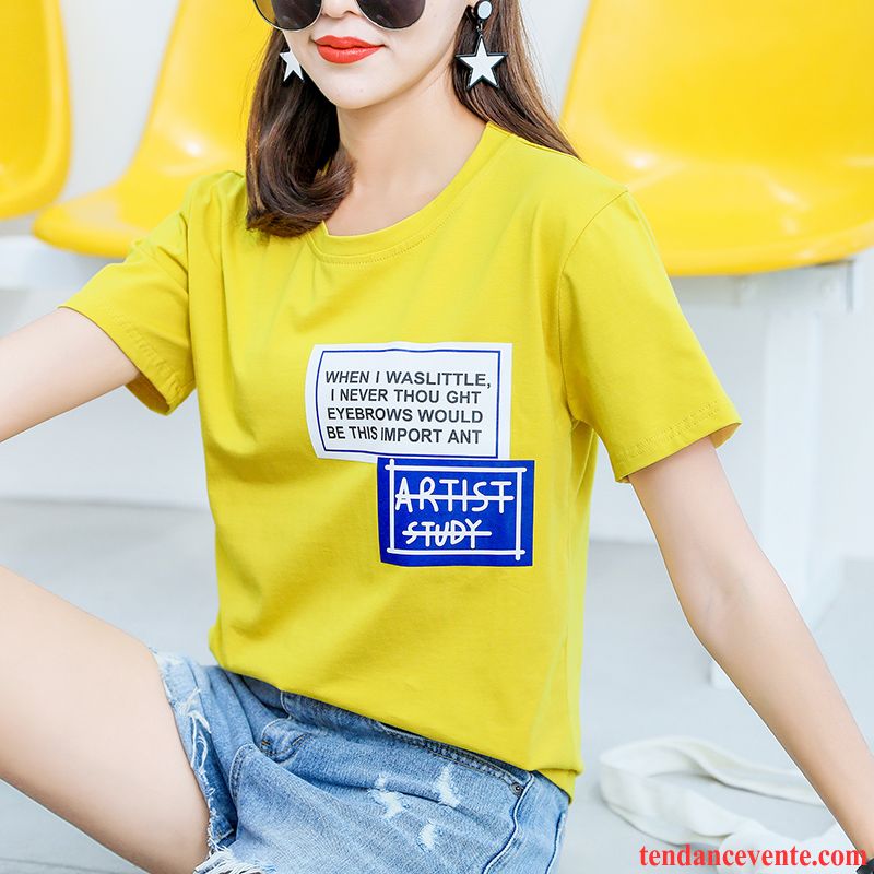 T-shirts Femme Été Lettre Coton Bio Courte Baggy Une Veste Jaune
