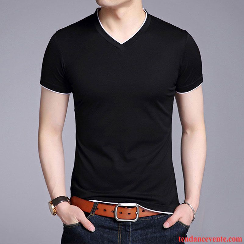 T-shirts Homme Demi Manche Deux-pièces Courte Slim Extensible Tendance Pure Blanc Noir