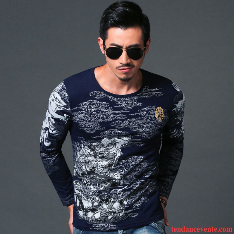 T-shirts Homme Matelassé Style Chinois Longues Printemps L'automne Impression Bleu