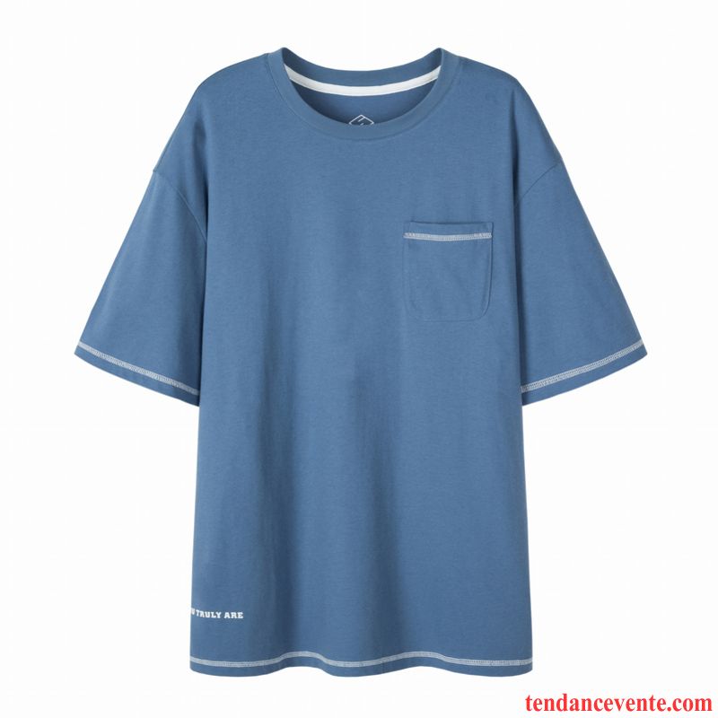 T-shirts Homme Mince Respirant Lettre Baggy Coton Bio Été Impression Couleur De Contraste Bleu