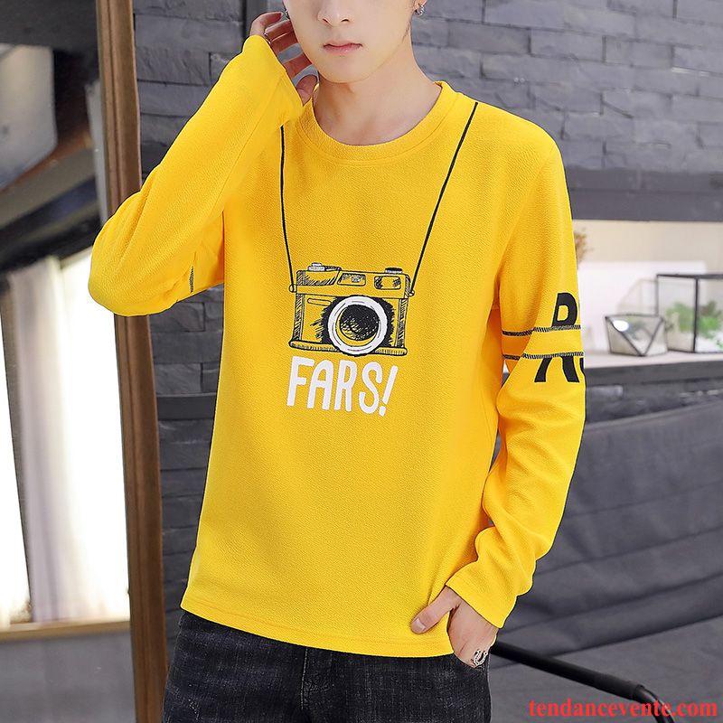 T-shirts Homme Printemps Baggy Hoodies Col Rond Longues Chemise En Bas Jaune