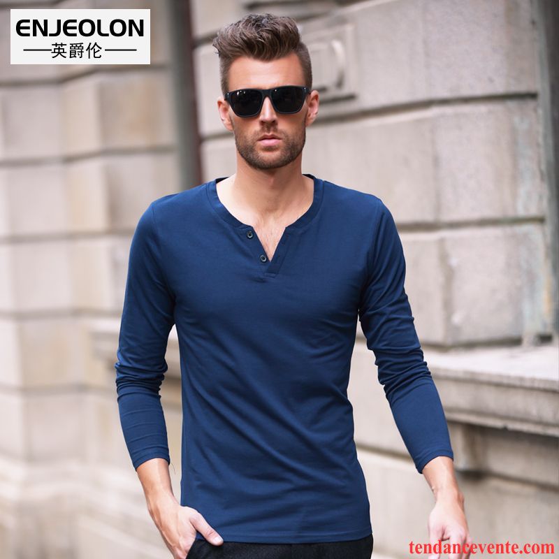 T-shirts Homme Slim Confortable Simple Longues L'automne Chemise En Bas Pure Bleu