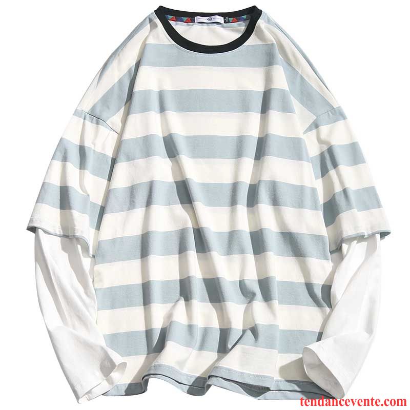 Tee Shirt Marque Pas Cher Homme Tendance Baggy Homme Fantaisie Deux-pièces L'automne Longues Rayé Col Rond Une Veste Bleu