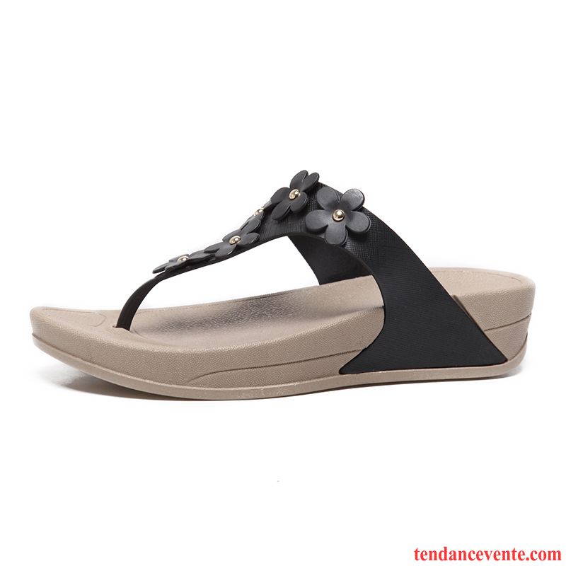 Tongs Femme Mode Semelle Épaisse Plage Été Chaussons Vacances Noir