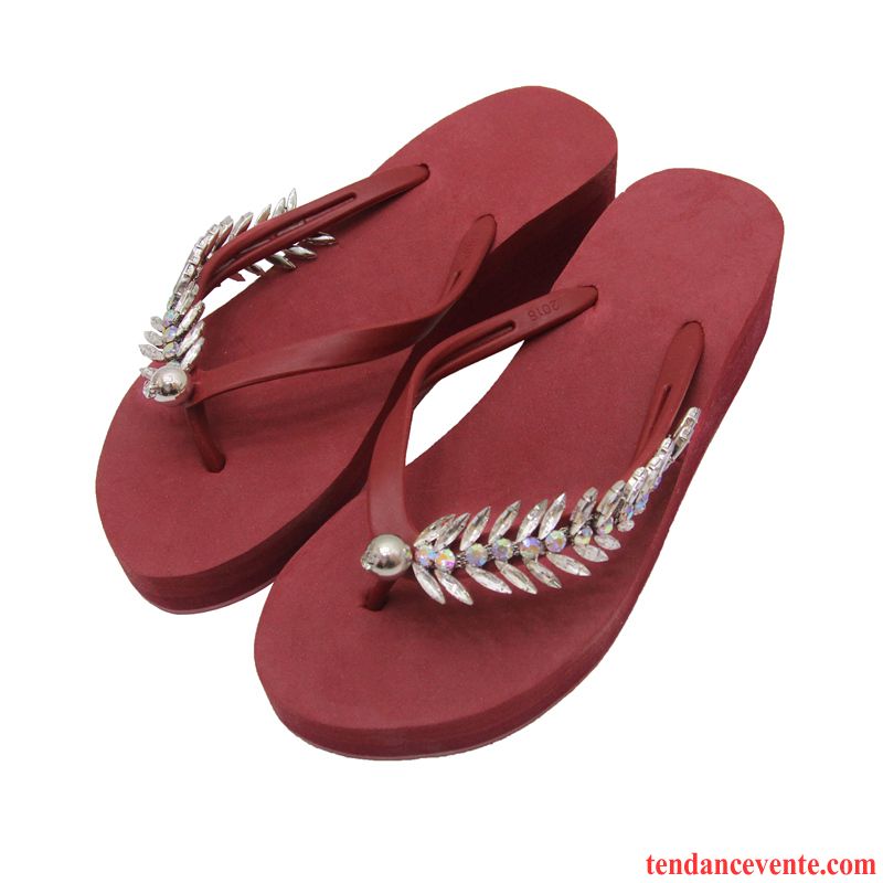 Tongs Femme Mode Été Chaussons Plage Semelle Épaisse Antidérapant Rouge