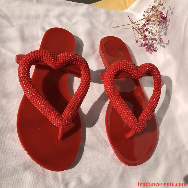 Tongs Femme Plage Sandales Chaussons Vacances Couleur De Contraste Rouge