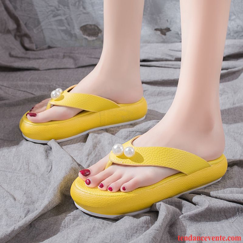 Tongs Femme Plage Été Chaussons Tous Les Assortis Mode Semelle Épaisse Rouge Jaune