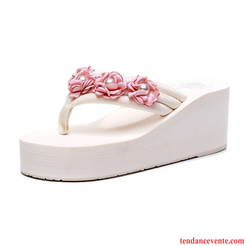 Tongs Femme Semelle Épaisse Chaussons Mode Tendance Fleurs Été Blanc Rouge