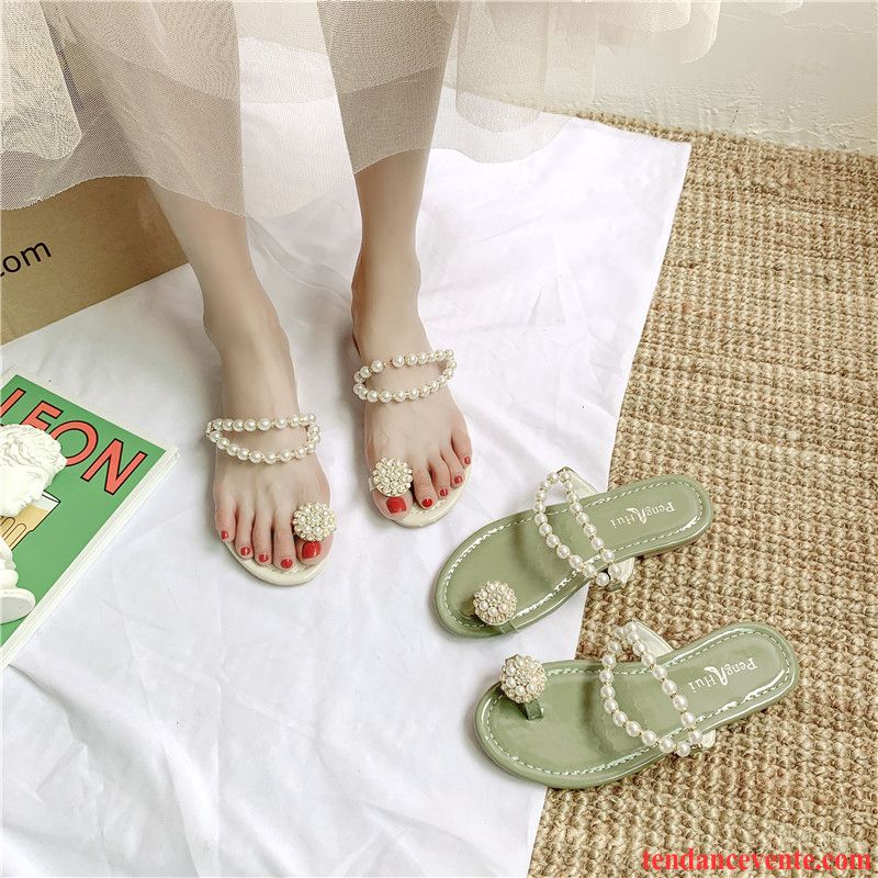 Tongs Femme Vacances Plates Plage Été Perle Chaussons Vert