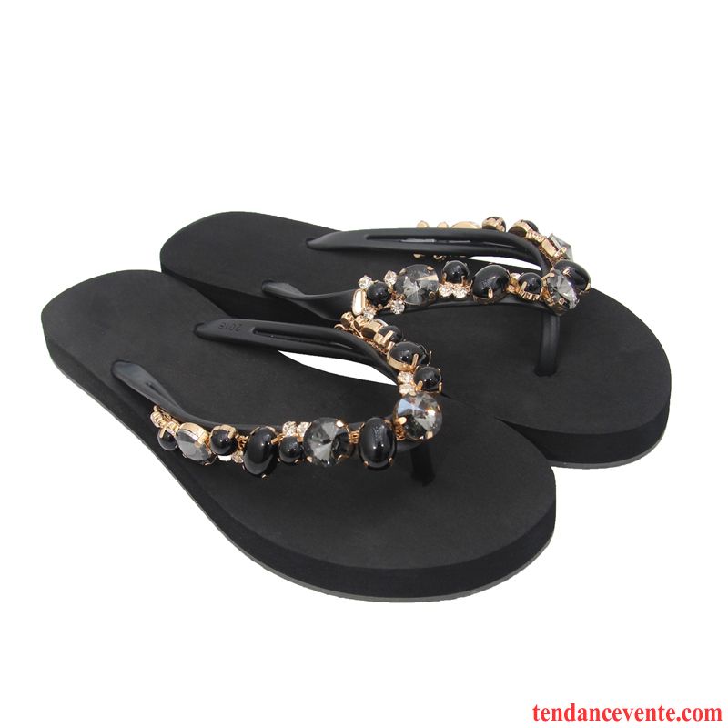 Tongs Femme Été Plage Mode Flats Chaussons Imitation Strass Noir