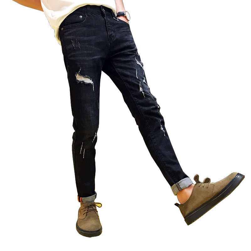 Vente Jeans Homme Tendance Neuvième Pantalon Plus De Velours Jambe Droite L'automne Bleu Hiver Homme Slim Extensible Corail