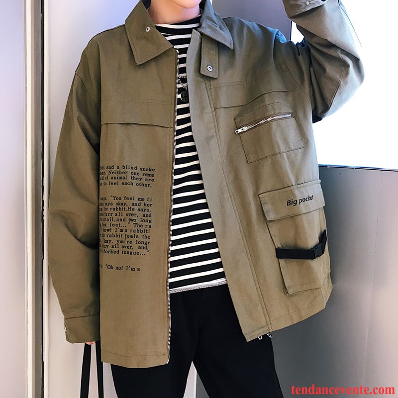 Veste Bleu Homme Militaire Vert Tendance Veste Bureau Baggy Impression Revers Roulé L'automne Homme Décontractée Pardessus Rétro