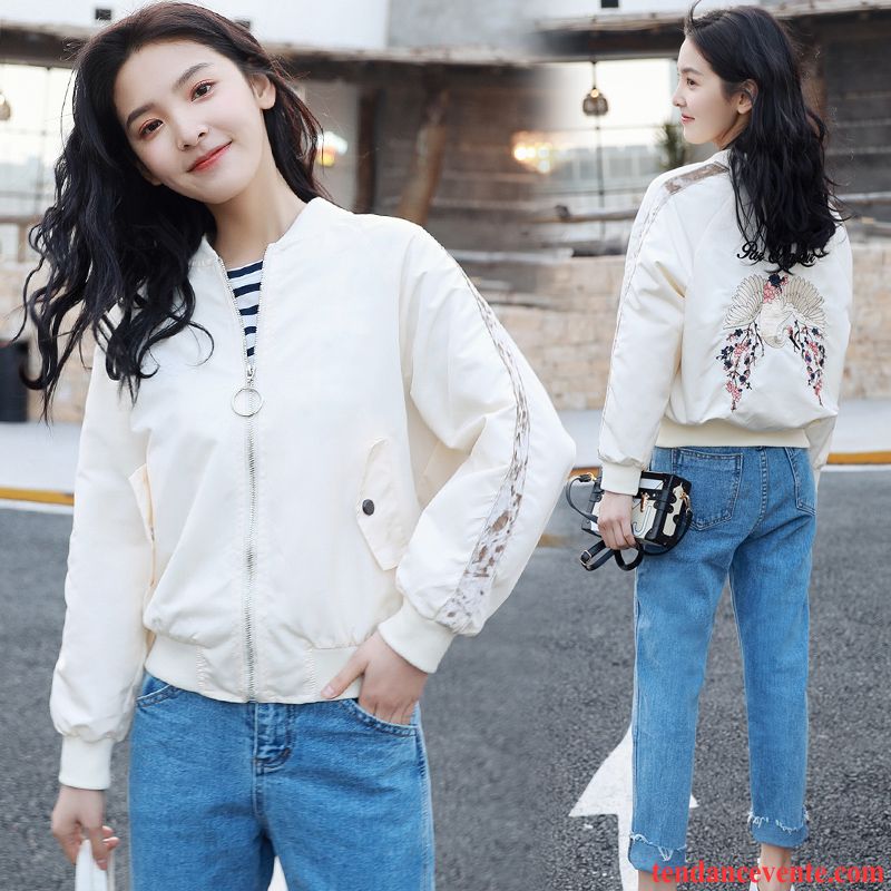 Veste Classique Femme Tous Les Assortis Printemps L'automne Femme Blouson Blanc Baggy Pardessus Court Décontractée Broderie Vêtements De Baseball Une Veste