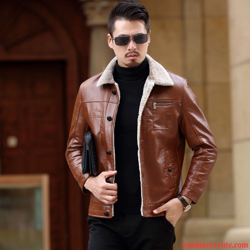 Veste Cuir Motard Homme Plus De Velours Homme Peau De Mouton Rouge Cuir Véritable Veste Pardessus Hiver Renforcé Pas Cher