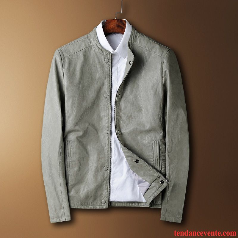 Veste Cuir Style Motard Homme Tendance Vert Une Veste Col Mandarin Slim Homme L'automne Cuir Mince Jeunesse Pardessus