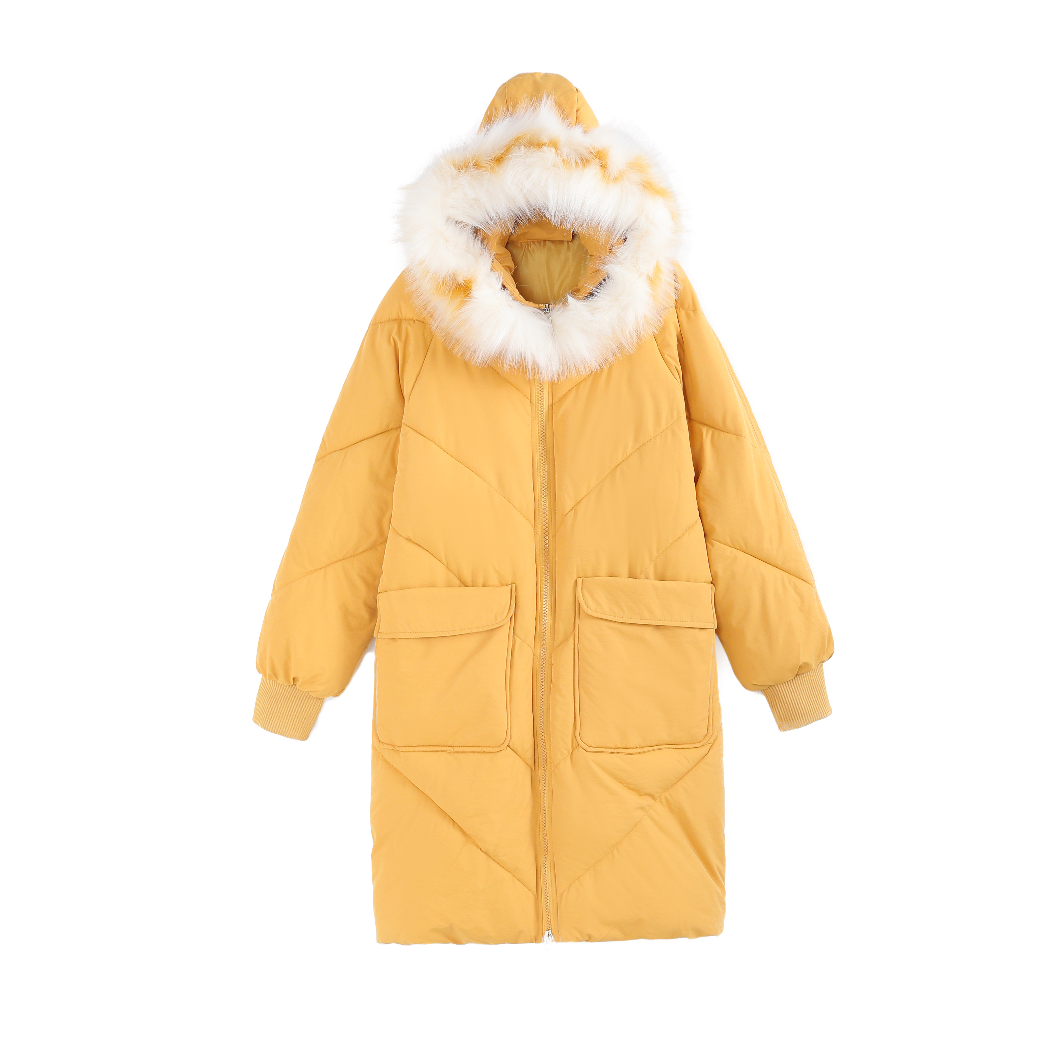 Veste En Coton Femme Grand Col De Fourrure Vêtements D'hiver Longue Baggy Capuche Pardessus Jaune