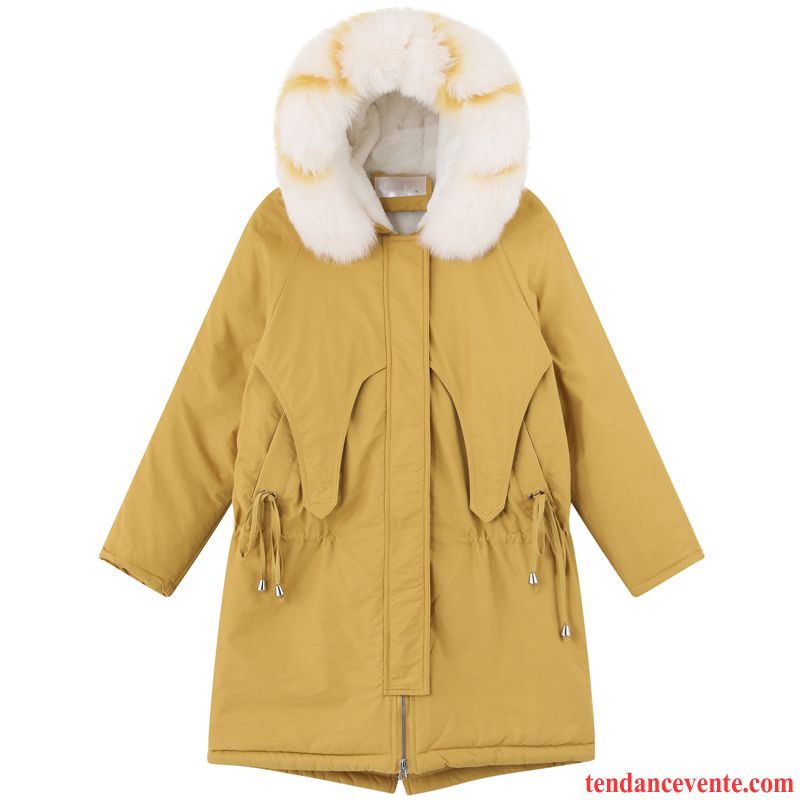 Veste En Coton Femme Plus De Velours Manteau En Coton Renforcé Grand Col De Fourrure Pardessus Longue Jaune