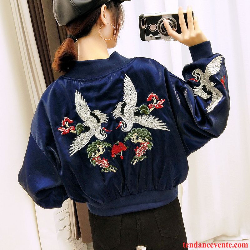 Veste En Cuir Cintrée Femme Bleu Veste Vêtements De Baseball Pardessus Court Fleurs Baggy Femme Chauve Souris Broderie L'automne Lavande Pas Cher