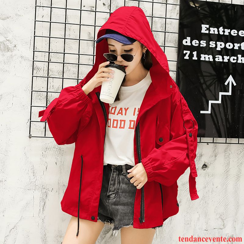 Veste Longue Femme Noir Pardessus Capuche Courte Étudiant Baggy Beau L'automne Femme Rouge Longues Tendance Veste Vêtements De Baseball Tous Les Assortis Pas Cher