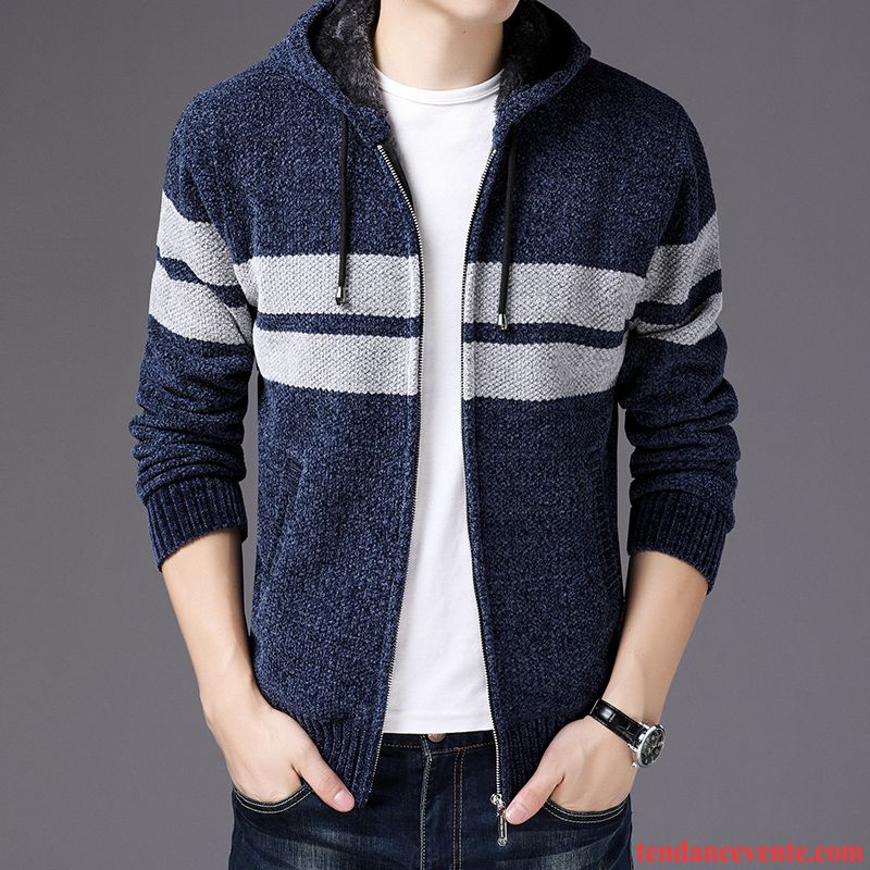 Veste À Carreaux Homme Veste Tendance En Maille L'automne Capuche Cardigan Renforcé Bleu Plus De Velours Couleurs Mixtes Pardessus Homme Pull Hiver Mauve