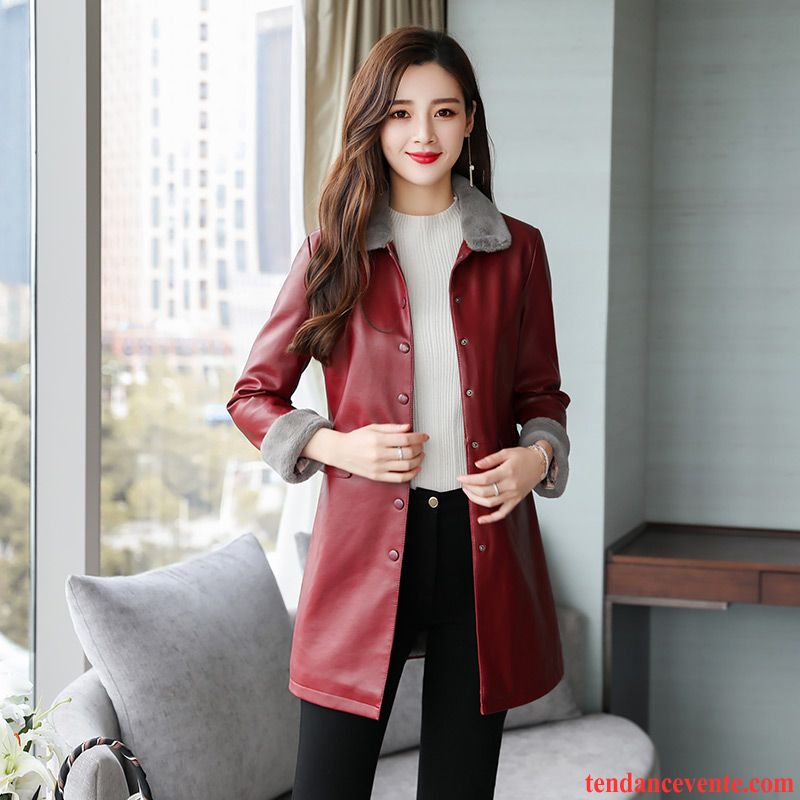 Vestes En Cuir Femme Manteau En Coton Plus De Velours Vêtements D'hiver Pardessus Chauds Renforcé Rouge