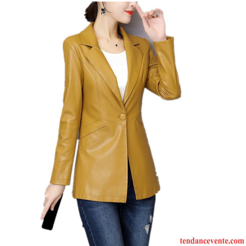 Vestes En Cuir Femme Mince Cuir Véritable Longues Peau De Mouton Printemps L'automne Jaune