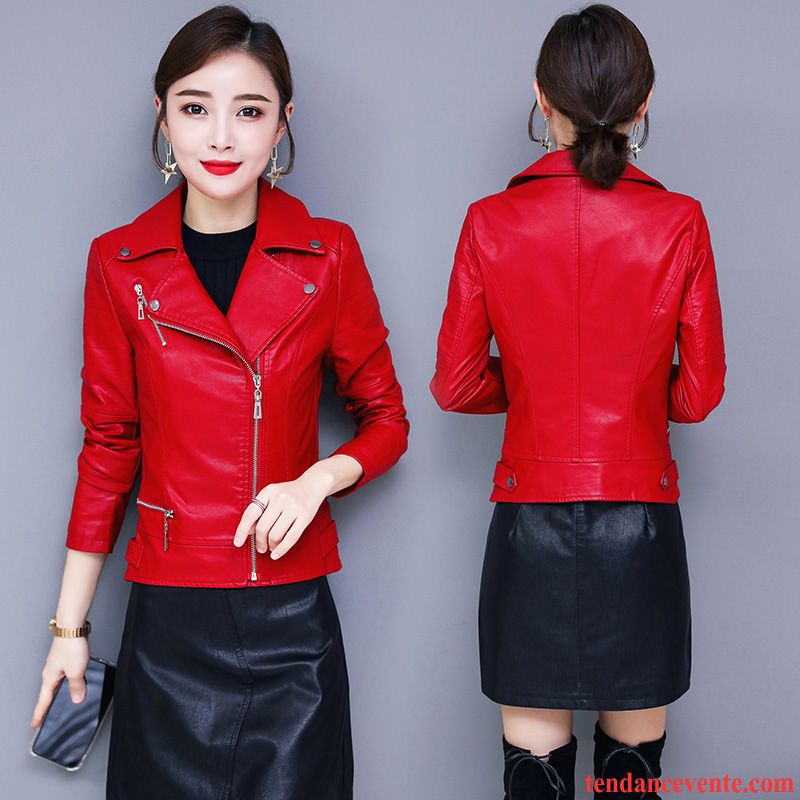 Vestes En Cuir Femme Slim Fermeture Éclair Gros Longues L'automne Pardessus Rouge