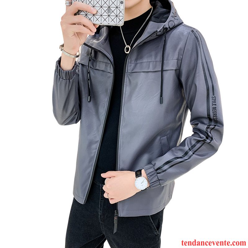 Vestes En Cuir Homme Tendance Pardessus Beau Locomotive L'automne Capuche Gris