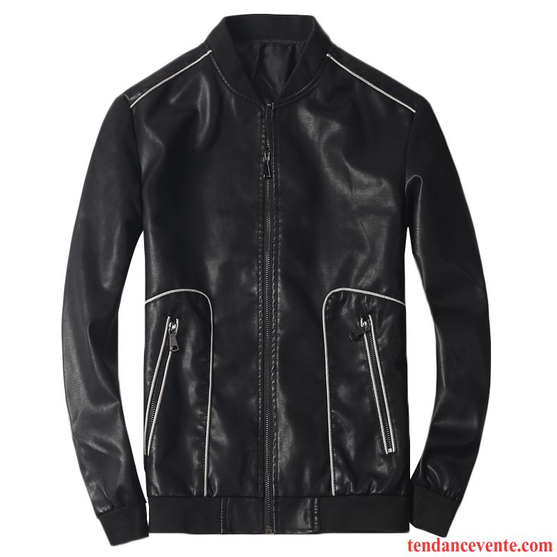 Vetement En Cuir Homme Homme Une Veste Slim Noir Vêtements De Baseball Pardessus Simple Jeunesse Pu Cuir L'automne Tous Les Assortis Cuir Véritable